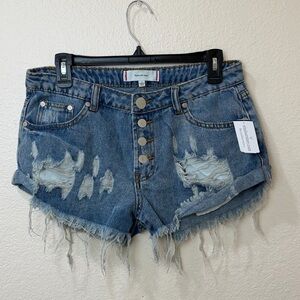 Signature8 high-rise, distressed, frayed-hem denim shorts size L